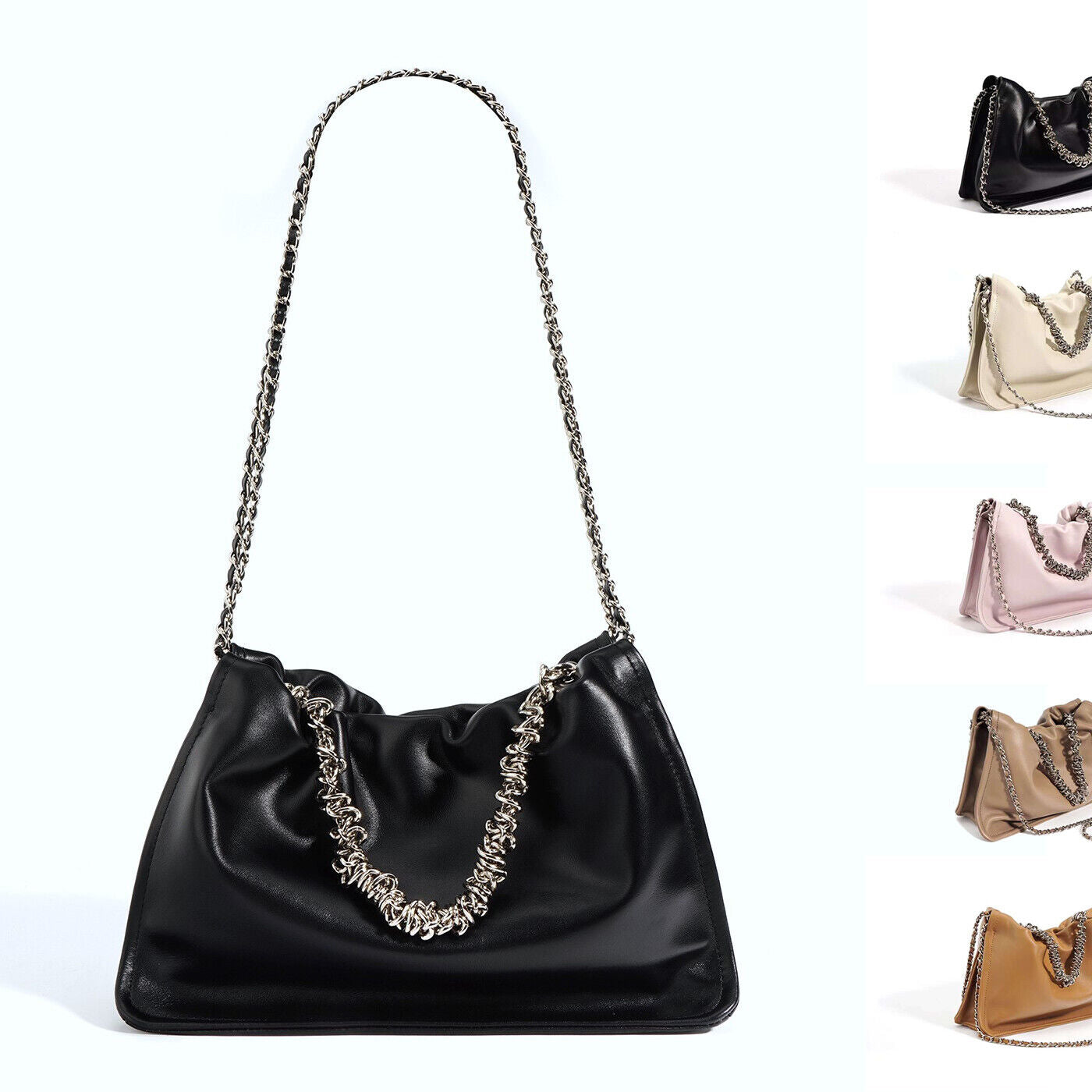 Ruched Real Leather Clutch Purse Pouch Tote Shoulder Bag Crossbody w/ Chains