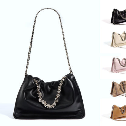 Ruched Real Leather Clutch Purse Pouch Tote Shoulder Bag Crossbody w/ Chains