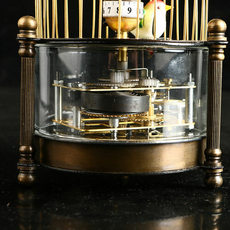 Exquisite Brass Mechanical Clock -birdcage Shape Two Bird Aroud Moving
