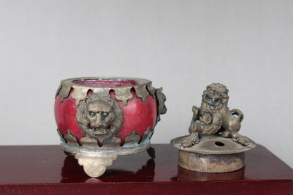 Old Chinese Tibet Feng Shui Jade Inlaid Silver Incense Burner