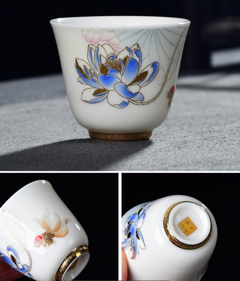 Dehua Fat Mutton Jade Porcelain Tea Cup 50ml Hand Drawing Floral Fish Painted