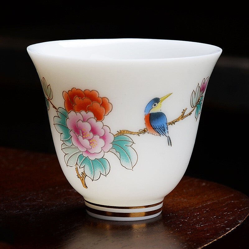 One Tea Cup Fat Mutton Jade Porcelain Cup Bird Flower Painted Chinese Master Cup