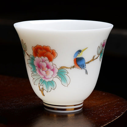 One Tea Cup Fat Mutton Jade Porcelain Cup Bird Flower Painted Chinese Master Cup