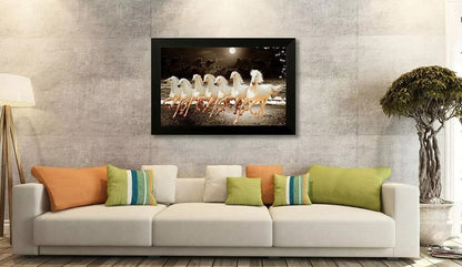 Seven Lucky Running Vastu Horses Art Framed Painting 20 Inch X 14 Inch