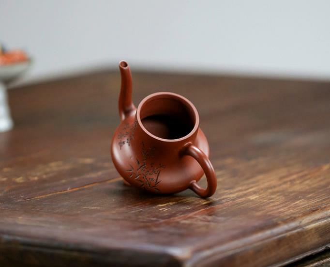 130ml Chinese Purple Clay Handmade Peach Blossom Pattern Bottle Gourd Teapot