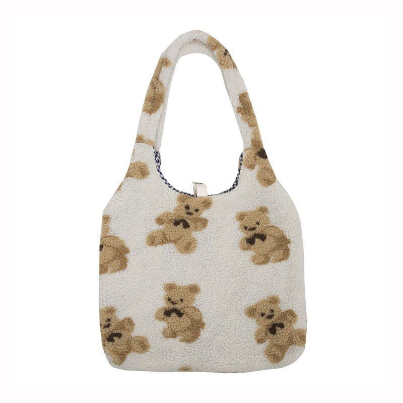 Canvas Purse Shoulder Bag Bear Embroider Crossbody Handbag Casual Shopper Bag