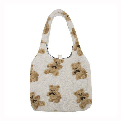 Canvas Purse Shoulder Bag Bear Embroider Crossbody Handbag Casual Shopper Bag
