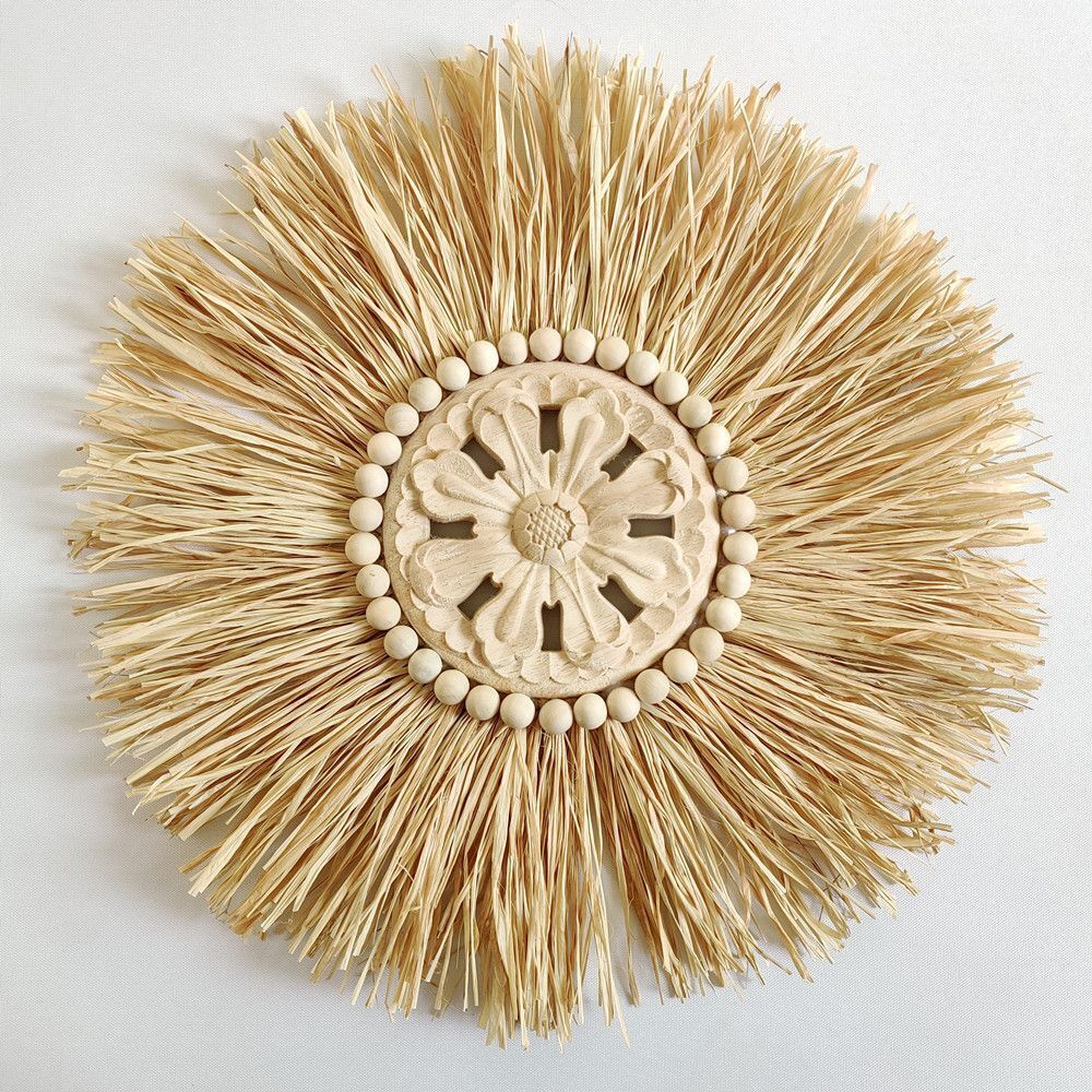 Wall Decor Boho Handmade Woven Straw Moroccan Wood Bead Hanging Ornament 45x45cm