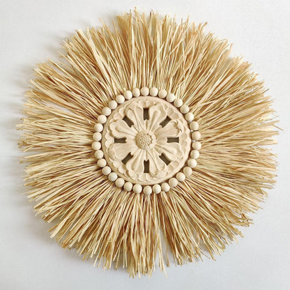Wall Decor Boho Handmade Woven Straw Moroccan Wood Bead Hanging Ornament 45x45cm