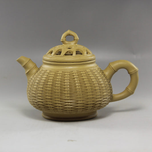 China Yixing Zisha Pottery Gold Section Clay Handmade390ML Bamboo Weaving Teapot