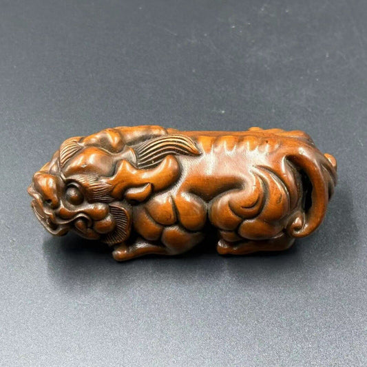Antique Chinese Boxwood Carving Auspicious Beast Statue Figurine Christmas Gift