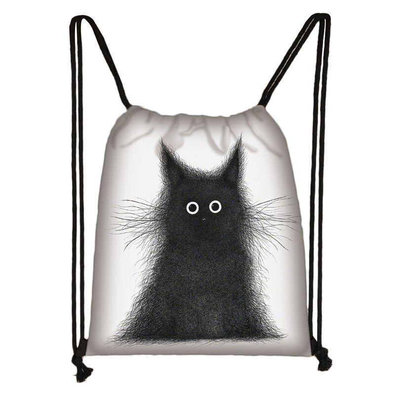 Black Cat Drawstring Bag Women Shopping Purse Canvas Travelling Bag Backpack 1PC