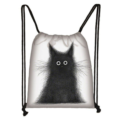 Black Cat Drawstring Bag Women Shopping Purse Canvas Travelling Bag Backpack 1PC