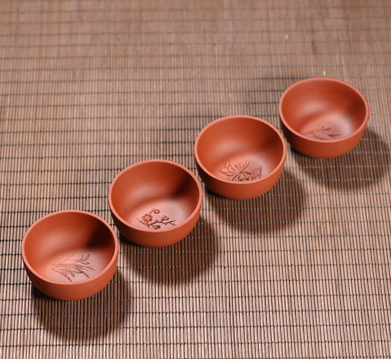 4 Tea Cups 50ml Handmade Bamboo Relief China Yixing Zisha Kungfu Tea Cup Marked