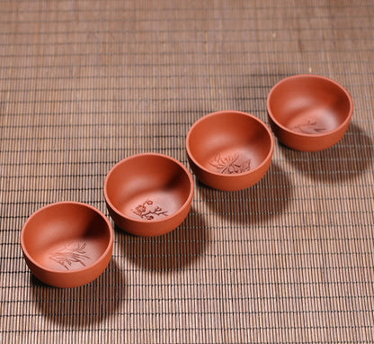 4 Tea Cups 50ml Handmade Bamboo Relief China Yixing Zisha Kungfu Tea Cup Marked