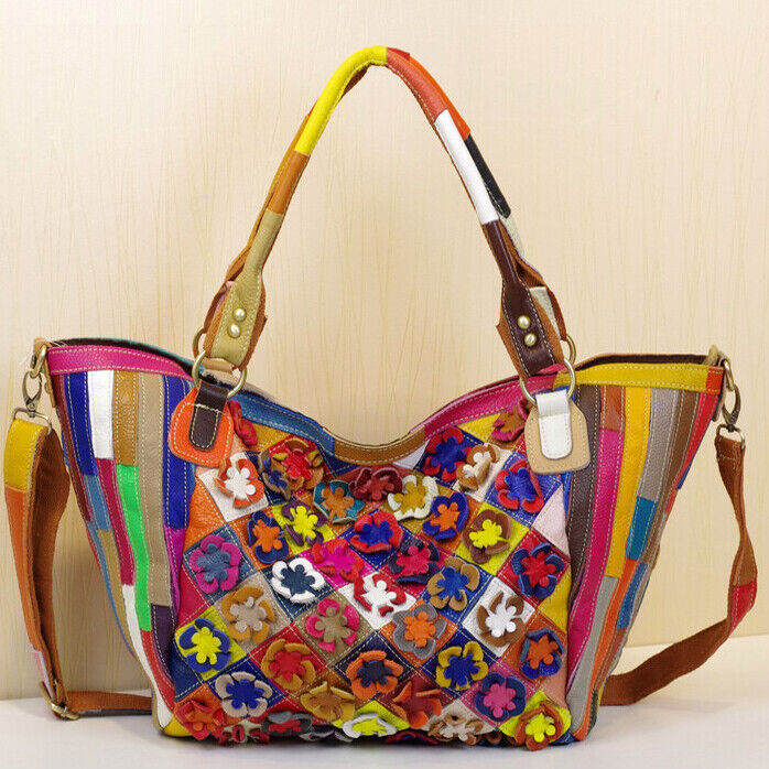 Designer Cow Leather Colorful Floral Patchwork Handbag Women's Tote Shoulder Bag