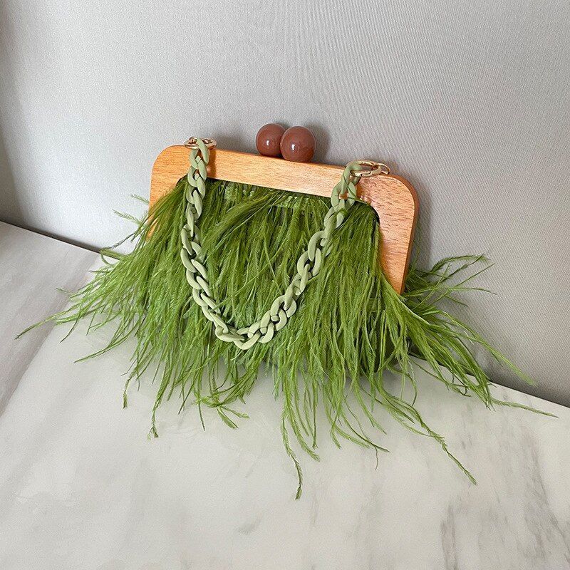 Ostrich Feather Handbag Retro Wooden Evening Purse Acrylic Chain Shoulder Bags