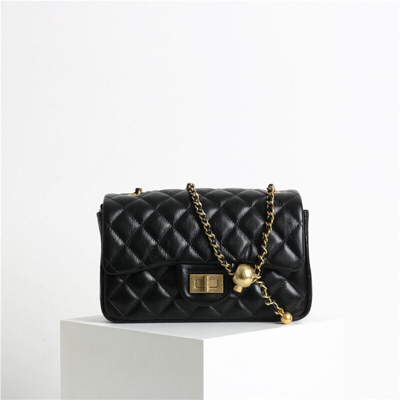Quilted Real Leather Small Flap Purse Handbag Shoulder Bag w/ Chain Clutch Pouch