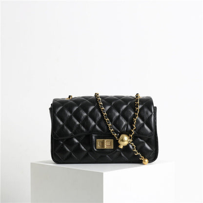 Quilted Real Leather Small Flap Purse Handbag Shoulder Bag w/ Chain Clutch Pouch