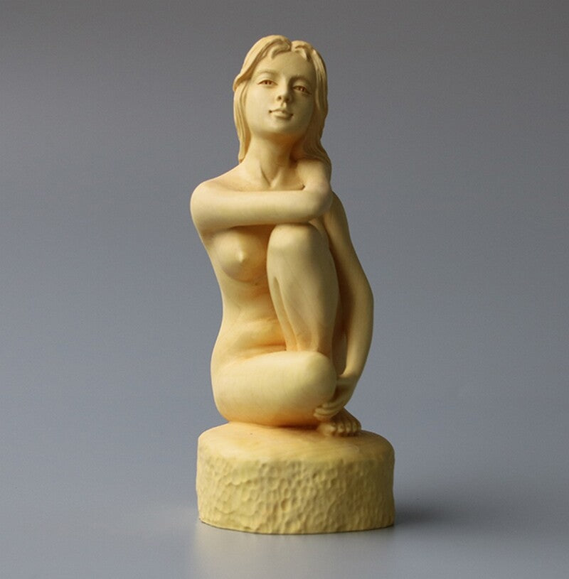 Chinese Naked Seating Model Girl Statue Boxwood Carved Beauty Figure Art Deco