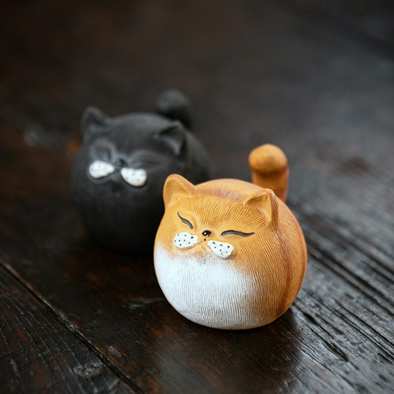 Chinese Sculpture Purple Clay Tea Pet Small Cat Statue Handmade Tea Set Decor