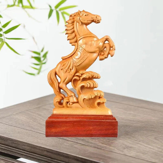 Natural Cypress Animal Horse Statue Carving Of Solid Wood Home Room Office 7.2in