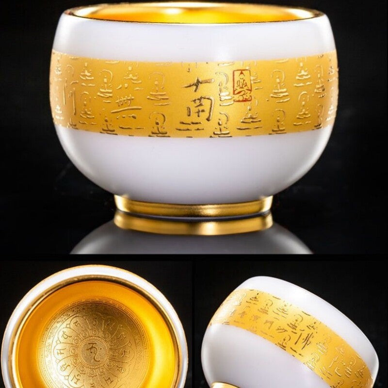 24k Gold Tea Cup Zen Style Chinese Mater Heart Sutra Carved Full Handmade 180ml