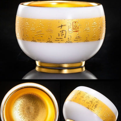 24k Gold Tea Cup Zen Style Chinese Mater Heart Sutra Carved Full Handmade 180ml