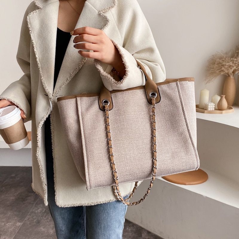 Casual Large Capacity Tote Chains Women Handbags Luxury Canvas Lady Shoulder Bag