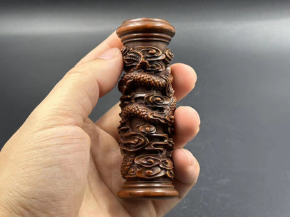 Chinese Vintage Boxwood Carved Dragon Pillar Statue Collection Nice Figurines