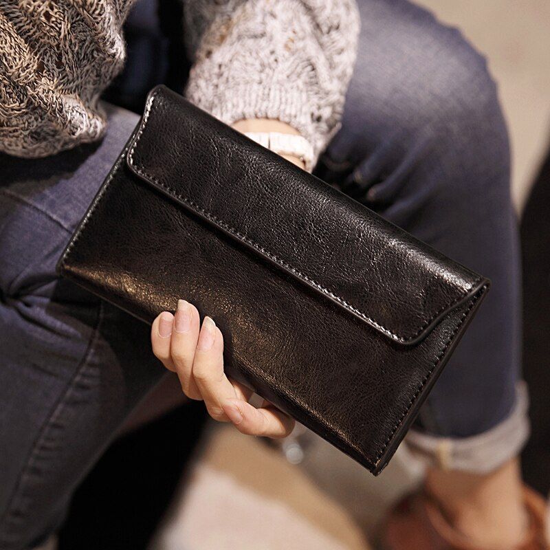 Leather Women Wallet Long Thin Purse Cowhide Multiple Cards Holder Clutch Bags