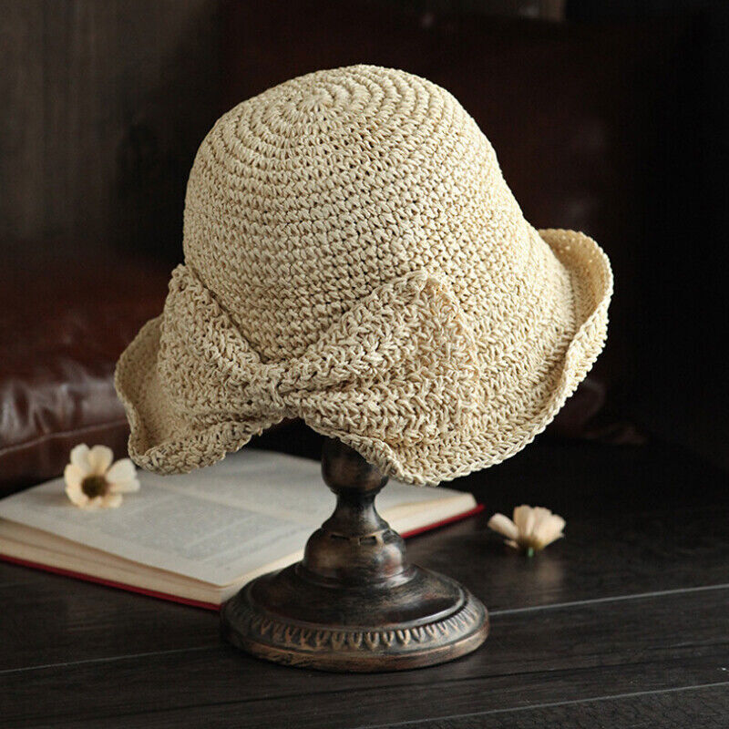 Women Vintage Fashion Folding Straw Bucket Hat Braid Summer Beach Sun Hat w/ Bow