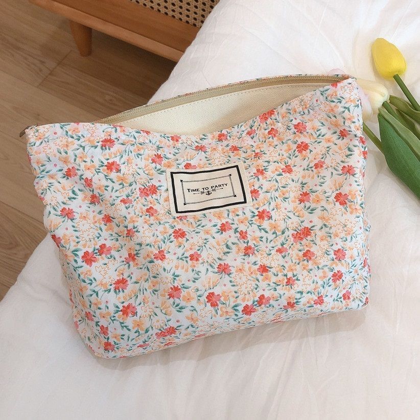Floral Makeup Bag Large Cotton Fabric Cosmetic Traveling Case Storage Organizer