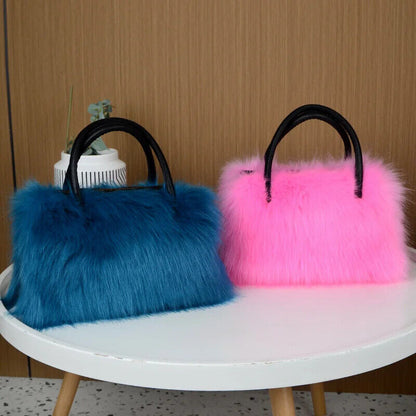 Winter Patchwork Leather Women's Ladies Long Plush Tote Bag