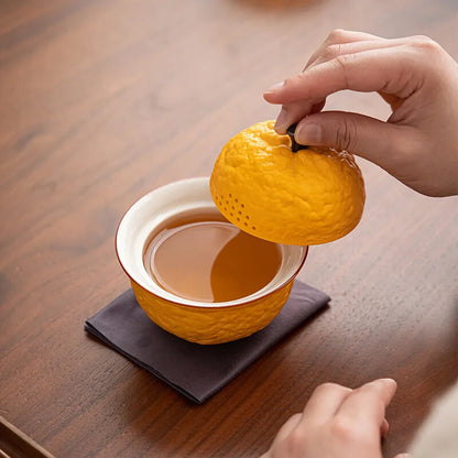 Handmade Ceramic Pottery Tea Bowl Cups Pigmented Orange Shape Chinese Teaware