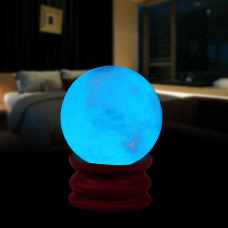 Natural Blue Luminous Quartz Crystal Sphere Ball Glow In Dark Stone +Base
