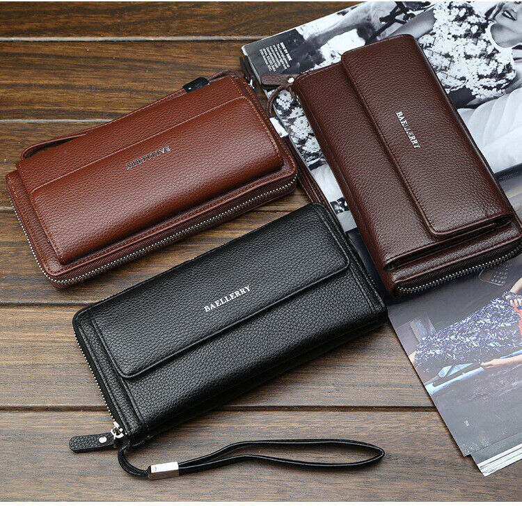 Long Leather Wallet Men Phone Clutch Bag Coin Purses Credit Card Zip Blocking