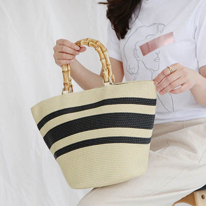 Fashion Bag Shoulder Striped Straw Bamboo Handle Handbag Woven Bags Purse Hasp