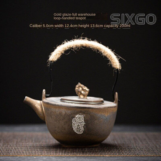 Teapot Loop-Handled Teapot Gold Glaze Tea Kettle Chinese Ceramic Pot Vintage