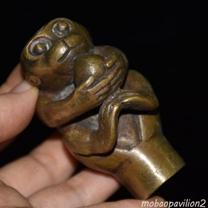 Exquisite Old Chinese copper handmade monkey head crutch head statue