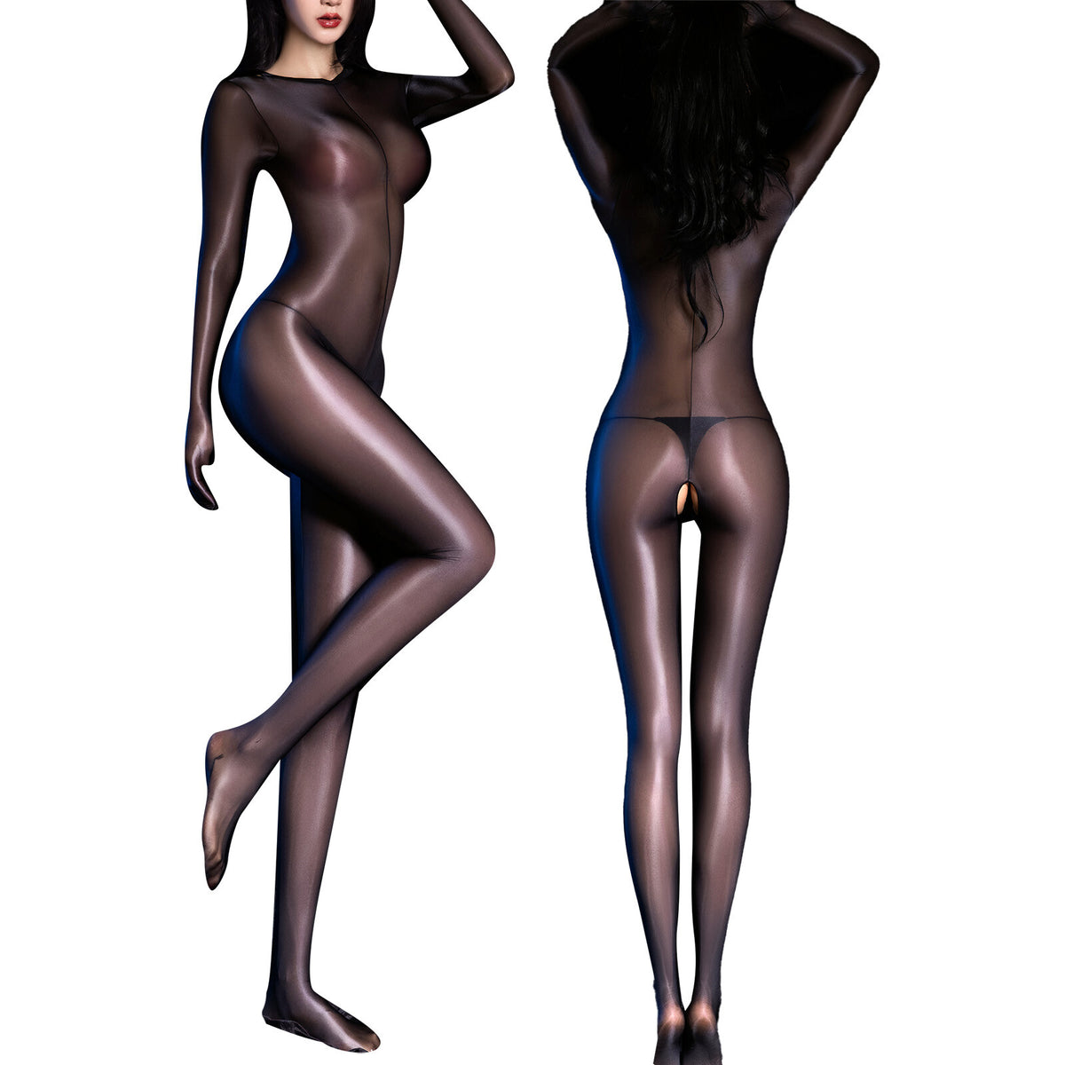 US Women's Bodysuit Oil Shiny Glossy Lingerie See-Through Sheer Hollow Catsuit