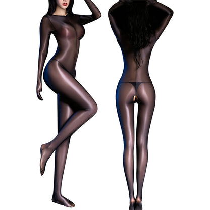 US Women's Bodysuit Oil Shiny Glossy Lingerie See-Through Sheer Hollow Catsuit