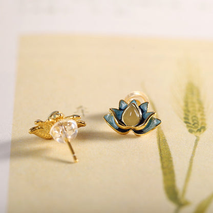 Real 925 Sterling Silver Stud Women Natural Jade Enamel Lotus Flower Earrings