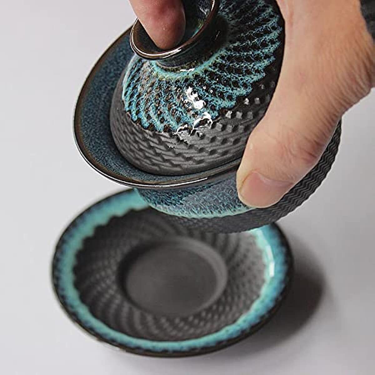 Kiln Glazed Ceramic Jianzhan Teacup Kung Fu Tea Cup and Saucer with Lid
