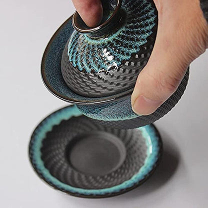 Kiln Glazed Ceramic Jianzhan Teacup Kung Fu Tea Cup and Saucer with Lid