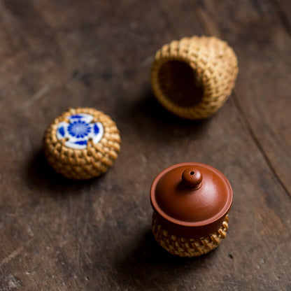 Vine Woven Cover, Hand Woven Tea Ceremony Accessories, Ceramic Persimmons