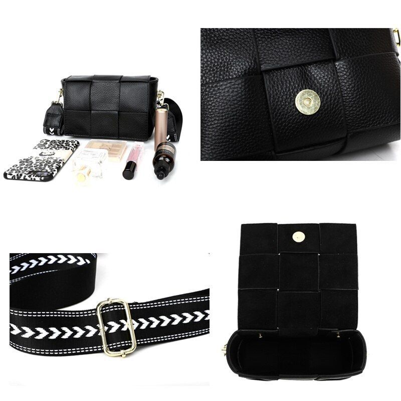 Genuine Leather Shoulder Bags Woven Cow Leather Crossbody Bags Wide Straps Purse