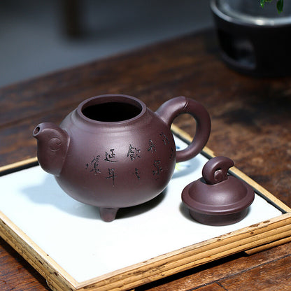 China Yixing Zisha Pottery Purple Clay Handmade 350cc Tripodia Teapot 三阳开泰