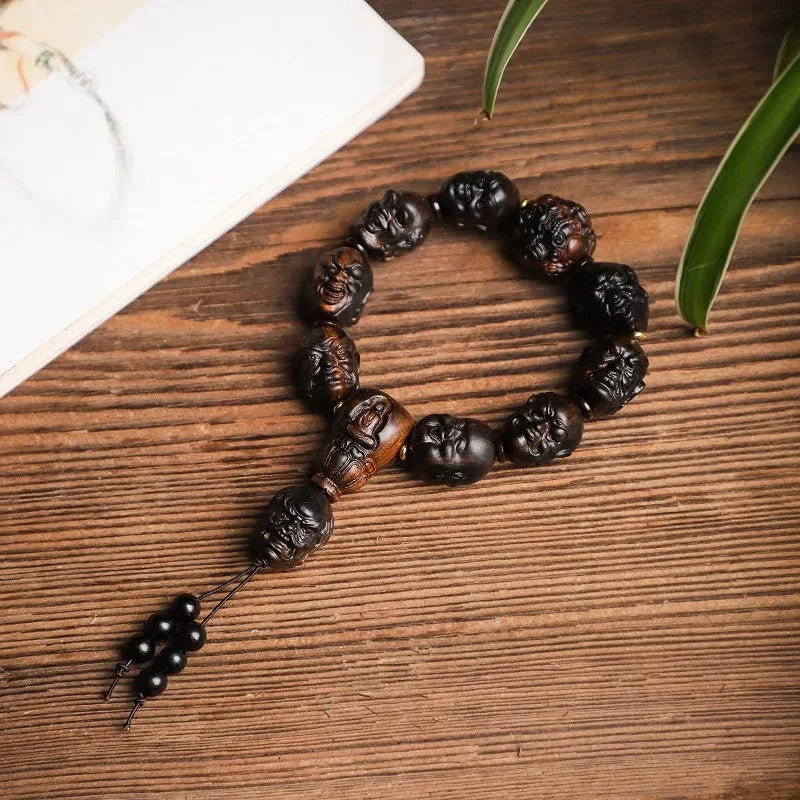 Natural Grade A Wood Carving China Eighteen Arhats Buddha Blessing Bracelet
