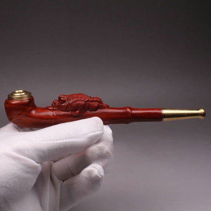 Lobular Red Sandalwood Pixiu Pipe Carved Filterable Brass Mouthpiece 2-in-1
